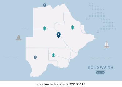 Botswana Map -World Map International vector template High detailed with white color isolated on blue background including simple point of location, tree, boat icon - Vector illustration eps 10