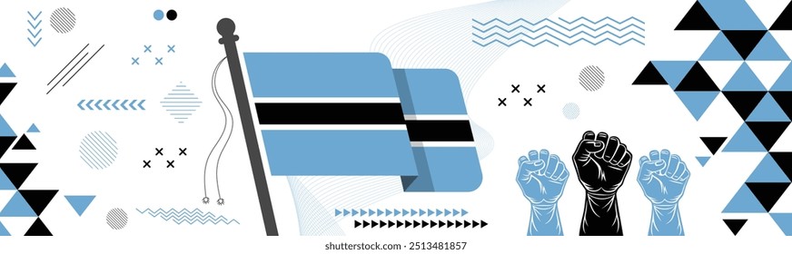 Anuncio del día nacional o de la independencia de Botsuana, bandera de Botsuana con mano de la subida, Anuncio de la cultura de Botsuana Con Formas geométricas abstractas