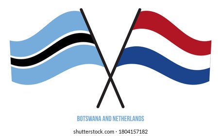 Banderas Botswana y Holandesa Cruzadas y ondeadas de estilo plano. Proporción oficial. Colores correctos.