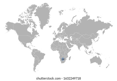 Botswana on detailed world map. With overlay Botswana flag. The location of the country of Botswana on the world map.