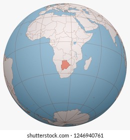 Botswana on the globe. Earth hemisphere centered at the location of the Republic of Botswana. Botswana map.