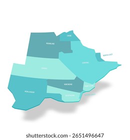 Mapa político de Botsuana das divisões administrativas - distritos rurais e urbanos. Mapa de vetor turquesa 3D com rótulos de nome.