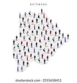 Botswana population map. Large group of realistic a diverse crowd of people figures in a shape of Republic of Botswana map. Flat vector illustration isolated on white.