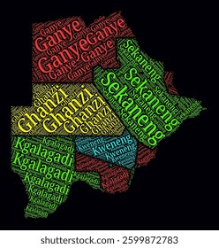 Botswana Regions Word Clouds. Bright neon style design on dark background. Region names of the country in English language. Country shape with administrative division. Vibrant vector illustration.