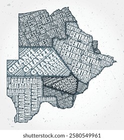 Botswana regions word clouds. Country shape on textured background. Botswana design in typographic style. Beautiful vector illustration.
