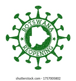 Botswana Reopening Stamp. Green round badge of country with map of Botswana. Country opening after lockdown. Vector illustration.