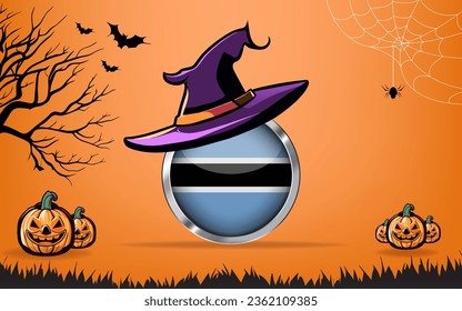 botswana round flag with Happy Halloween banner or party invitation background. bats, spiders and pumpkins, orange background