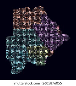 Botswana, shape of the country built of colored cells. Digital style map of Botswana on dark background. Small size square blocks. Modern vector illustration.