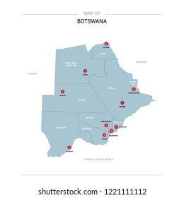 Botswana vector map. Editable template with regions, cities, red pins and blue surface on white background.