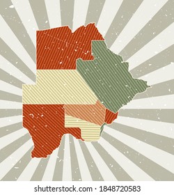 Mapa vintage de Botsuana. Afiche unge con mapa del país en paleta de color retro. Forma de Botswana con fondo de rayos solares. Ilustración vectorial.
