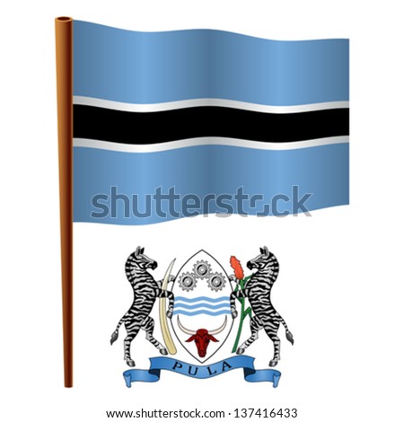 botswana wavy flag and coat of arms against white background, vector art illustration, image contains transparency