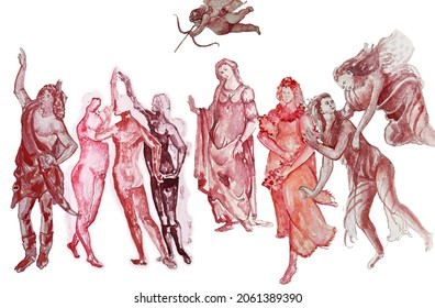Botticelli's Spring watercolor monochrome red drawing