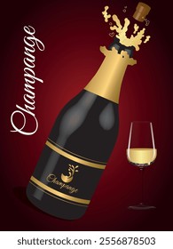 A bottle of 3D Champagne and a 3D glass of Champagne on a gradient red background. Eps 10 ,vector Illustration of Champagne explosion.