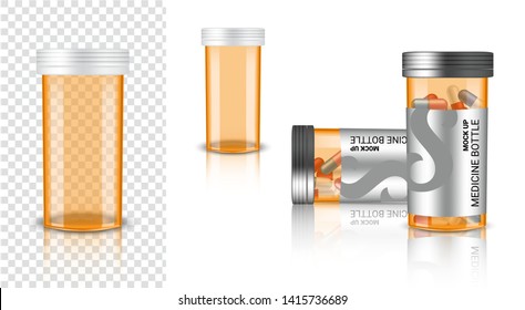 Bottle 3D Mock up Realistic Medicine transparent Amber Packaging for Capsule and vitamin pill. Healthy Product on white Background Illustration