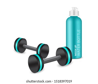Bottle 3D Mock up Realistic Plastic Shaker and Dumbbell in Vector with Water and Drink. Healthy and Sport Concept illustration Design. 