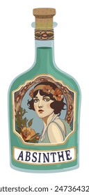 Bottle of absinthe with elegant label in art deco style. Vector isolated illustration.