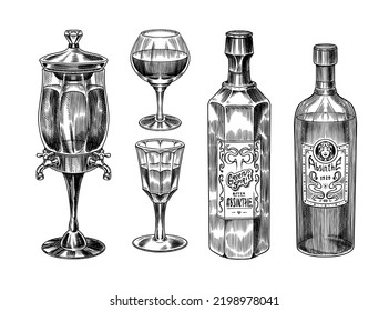 Bottle of Absinthe Glass shot. Label for retro poster or banner. Engraved hand drawn vintage sketch. Woodcut style. Vector illustration.