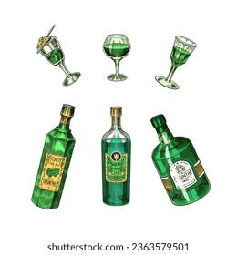 Vector illustration of alcohol drink Absinthe, green bottle of premium  herbal tincture and vintage half full cordial glass, original typeface for  word absinthe, contour composition for bar menu. Stock Vector