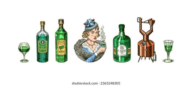 Bottle of Absinthe Glass shot. Woman holding a toast drink. Pot Swan necked copper stills distillery for making alcohol. Label for retro poster. Engraved hand drawn vintage sketch. Woodcut style