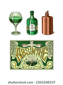 Bottle of Absinthe Glass shot. Woman holding a toast drink. Pot Swan necked copper stills distillery for making alcohol. Label for retro poster. Engraved hand drawn vintage sketch. Woodcut style