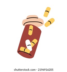 Bottle of abstract pills. Medicines, vitamins in capsules scattered from glass drug container. Health supplement in open transparent jar with lid. Flat vector illustration isolated on white background