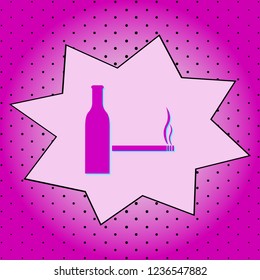 Bottle of alcohol and cigarette. Purple icon pop-art background .Vector.