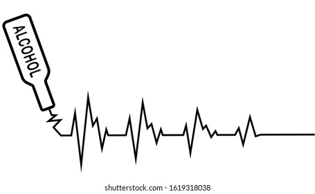 Bottle of alcohol and decaying cardiogram of the heart, concept of social problem of alcoholism