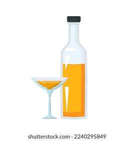 Bottle of alcohol drink and glass. Martini, wine drink. Flat vector illustration.
