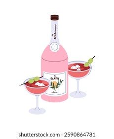 Bottle of alcohol drink and glasses. Pink wine, champagne, gin for romantic date. Fizzy spirits for holiday meal, dinner. Iced booze with olives. Flat isolated vector illustration on white background