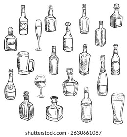 Bottle with alcohol drinks in in black brush stroke texture isolated on white. Hand drawn vector sketch illustration in vintage charcoal ink. Tequila, whiskey, brandy, rum, champagne bottles.