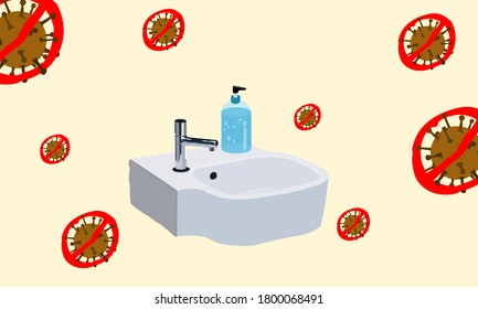 A bottle of alcohol gel placed on a sink near a tap. Wash hands, disinfect, clean, prevent COVID-19.