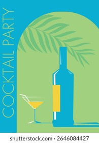 Garrafa de álcool e vidro com coquetel, bar de praia de design plano. Cartaz do coquetel, folhas de palmeira, trópicos. Beber, degustação de vinhos, margarita, martini
