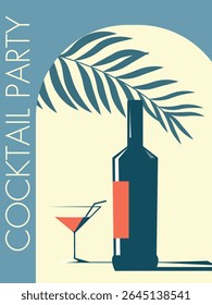 Garrafa de álcool e vidro para coquetéis, folhas de palma, estilo plano. Adequado para design de cartaz de restaurante, decoração de festa de praia, beber martini, margarita