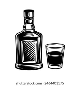 Una botella de alcohol con un vaso al lado. Ilustración vectorial