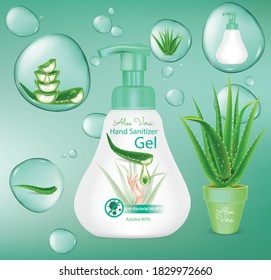 Bottle of alcohol, hand sanitiser, aloe vera.illustration vector. vector illustration . green  bottle package