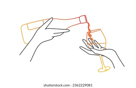 Bottle of alcohol in the hands of a bartender. Hand holds glass with champagne drink. Hand drawn vector illustration.