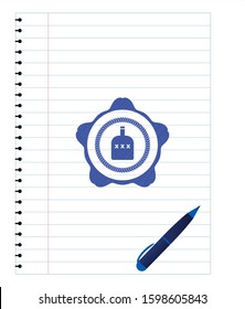 bottle of alcohol icon blue ink pen emblem. Vector Illustration. Detailed.