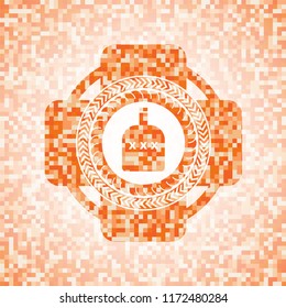bottle of alcohol icon inside abstract orange mosaic emblem with background