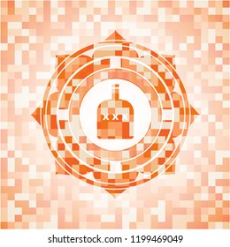 bottle of alcohol icon inside abstract orange mosaic emblem with background