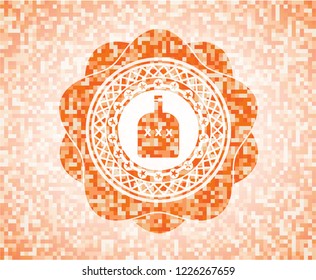 bottle of alcohol icon inside abstract emblem, orange mosaic background