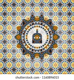 bottle of alcohol icon inside arabesque style emblem. arabic decoration.