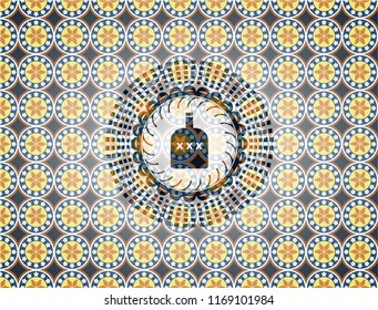 bottle of alcohol icon inside arabesque badge background. arabic decoration.