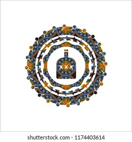 bottle of alcohol icon inside arabesque emblem background. arabic decoration.