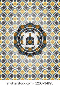 bottle of alcohol icon inside arabesque emblem background. arabic decoration.