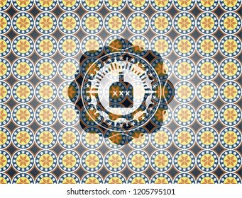 bottle of alcohol icon inside arabesque badge background. arabic decoration.