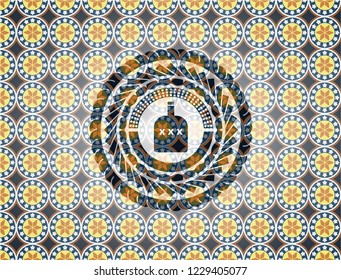 bottle of alcohol icon inside arabesque style emblem. arabic decoration.