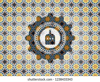 bottle of alcohol icon inside arabesque emblem background. arabic decoration.
