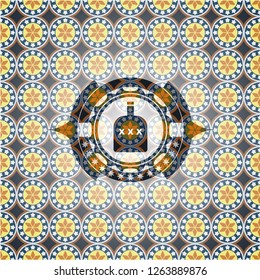 bottle of alcohol icon inside arabesque badge. arabic decoration.