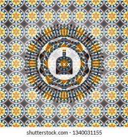 bottle of alcohol icon inside arabesque emblem background. arabic decoration.