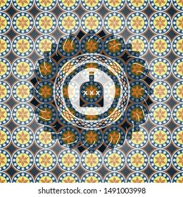 bottle of alcohol icon inside arabesque badge. arabic decoration.